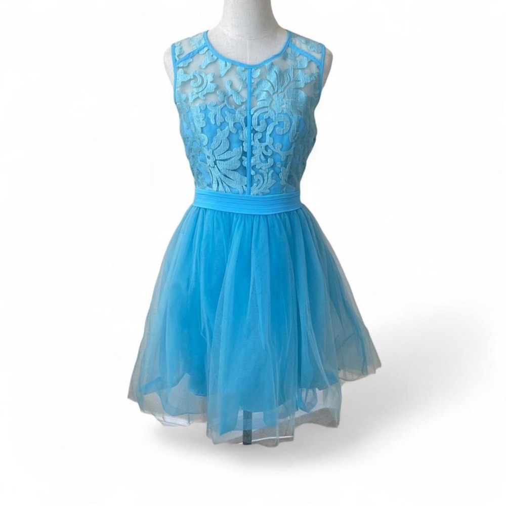 a.drea Aqua Blue Lace Tulle Fit and Flare Party Dress Medium Sleeveless Keyhole